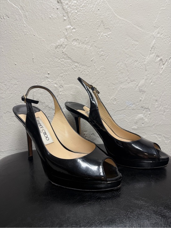Jimmy Choo Shoes - Jimmy Choo Black Patent Leather Peep-Toe Slingback Heels